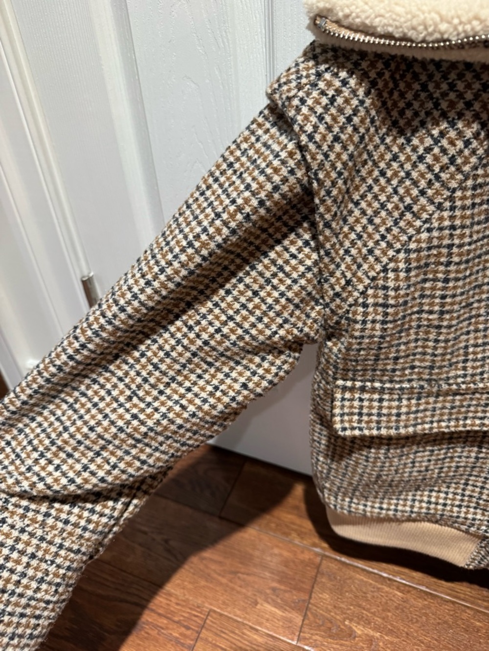 We The Free Brown & Cream Houndstooth Sherpa Bomber Jacket - Picture 4 of 7